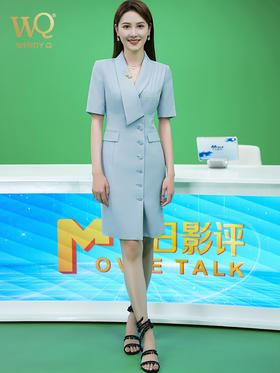 夏季高端时尚主持人职业装连衣裙女短袖蓝色裙子修身显瘦工作服