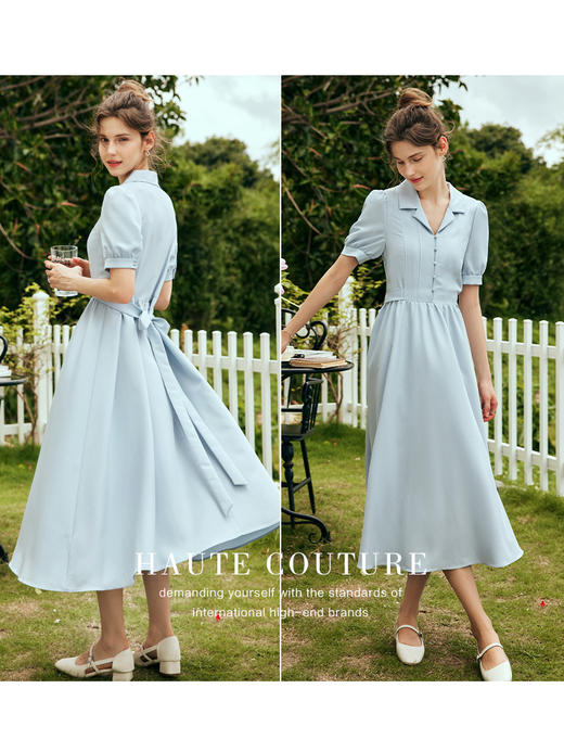 OLrain欧芮儿法式衬衫式连衣裙女夏季2023新款收腰复古泡泡袖裙子 商品图2