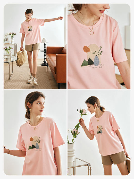 OLrain欧芮儿法式粉色短袖T恤女夏季2023年新款宽松立体刺绣上衣 商品图2