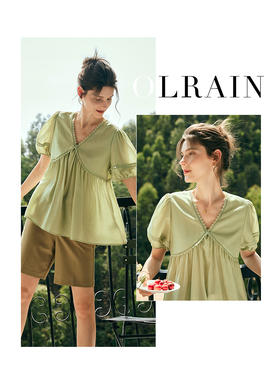 OLrain欧芮儿法式绿色V领雪纺蕾丝衫女夏季2023新款宽松别致小衫