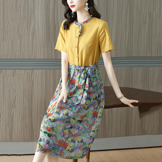 AHM-xxnz6036时尚优雅减龄木耳边裙子棉麻拼接碎花连衣裙 商品图3