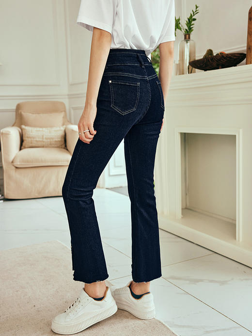 OLrain欧芮儿法式藏蓝色牛仔裤女夏季2023新款高腰开叉九分喇叭裤 商品图3