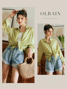 OLrain欧芮儿法式芥绿色天丝衬衫女夏季2023年新款宽松冰爽防晒衣
