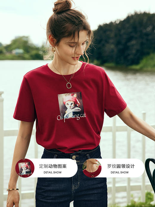 OLrain欧芮儿法式红色短袖T恤女夏季2023新款宽松小橘猫印花上衣 商品图1