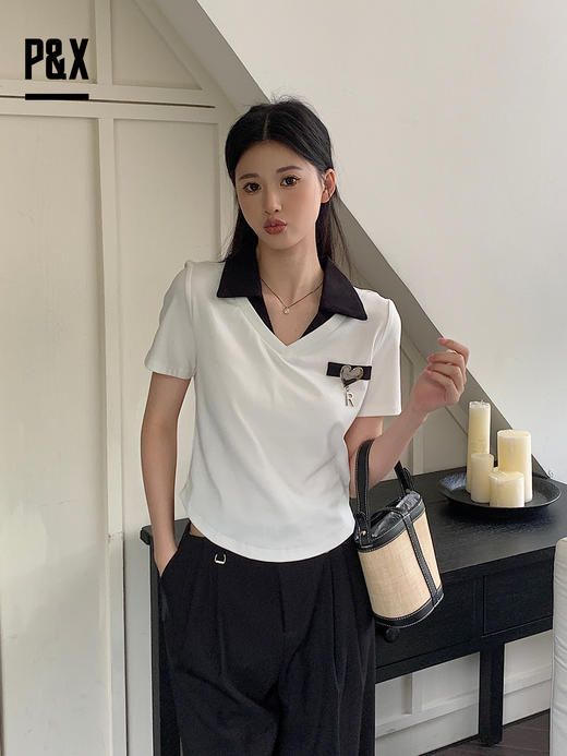 P&X设计师女装2023夏季新款 针织短款T恤短袖v领 823202885 白色 商品图2
