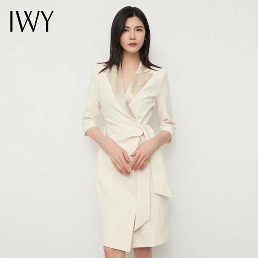 IWY/小香风缎面连衣裙七分袖新款西装领主持人上镜装杏色服装艺考231078Q1 商品图0