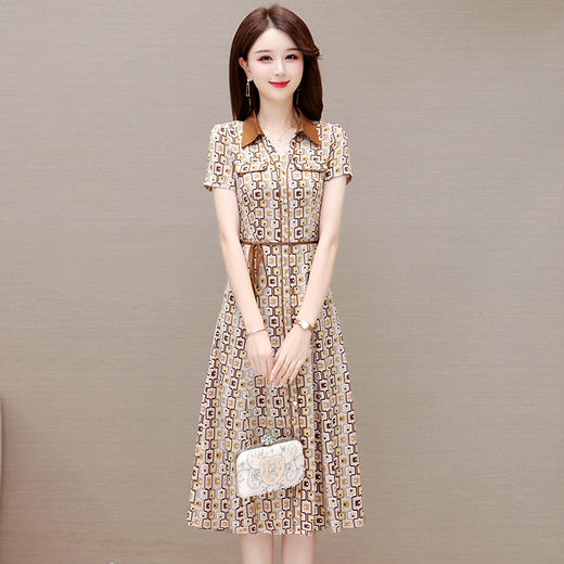 QYM 92339A-Y妈妈装印花连衣裙衬衣领系带收腰裙A字裙 商品图2