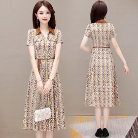QYM 92339A-Y妈妈装印花连衣裙衬衣领系带收腰裙A字裙