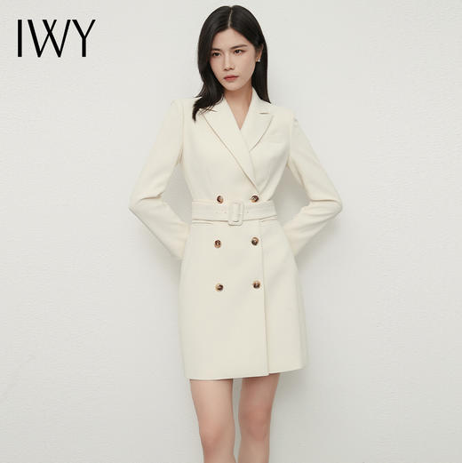 IWY/杏色连衣裙正装裙双排扣长袖美容院摄影工服西装领裙子Q13148 商品图0