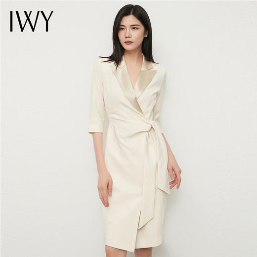 IWY/小香风缎面连衣裙七分袖新款西装领主持人上镜装杏色服装艺考231078Q1 商品图2