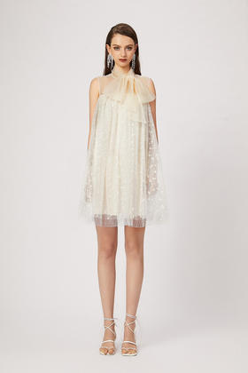 双层立体花朵亮片蝴蝶结无袖连衣裙