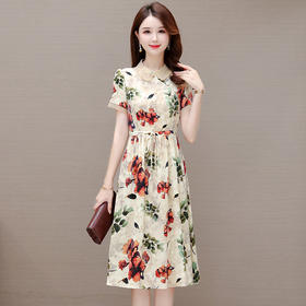 QYM 572390-2-Y印花连衣裙夏季新款系带收腰裙时尚