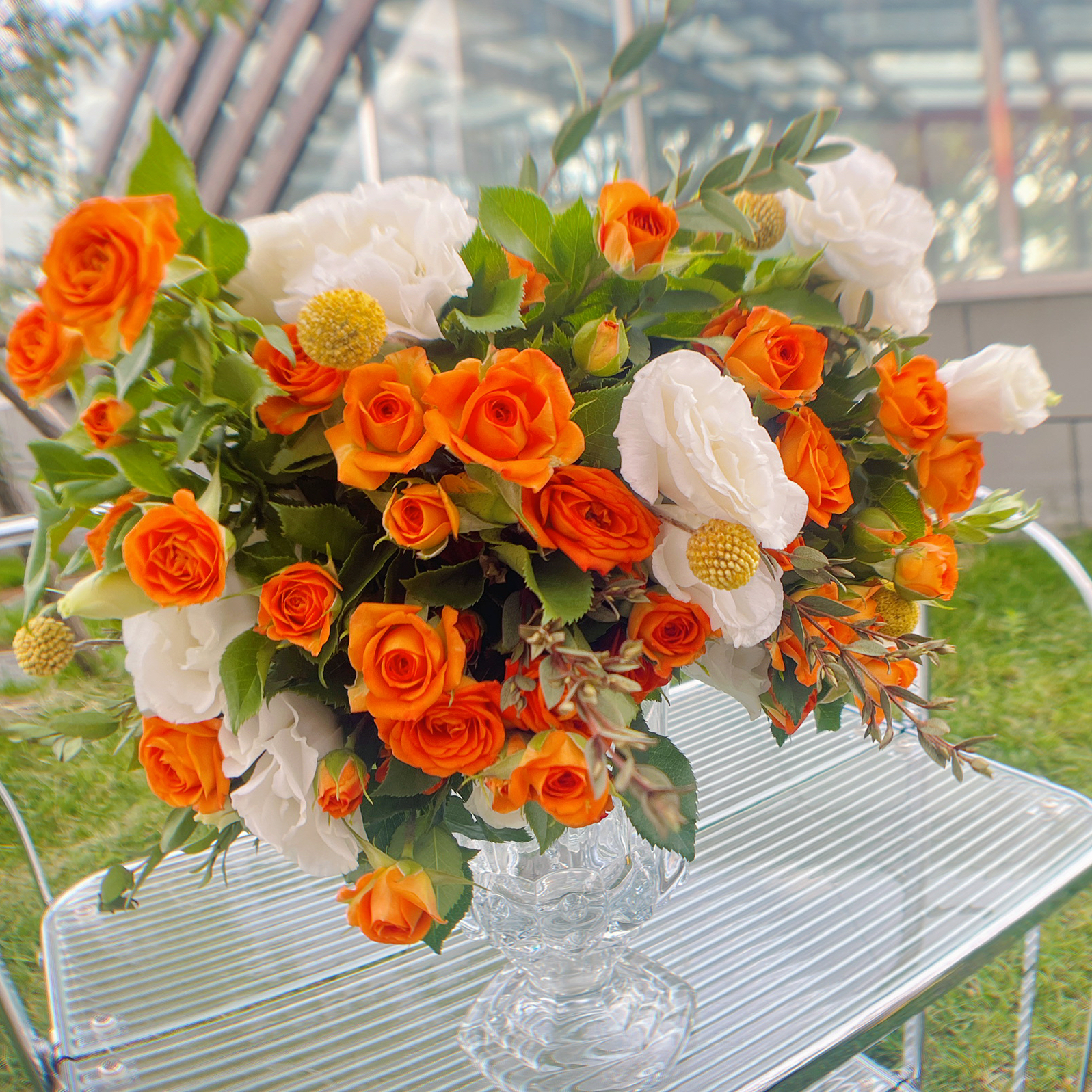 【落日与鲸】橙色芭比多头玫瑰5 白色洋桔梗8-10朵 黄金球5支 细尤加利叶1
