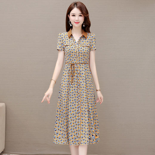 QYM 92339A-Y妈妈装印花连衣裙衬衣领系带收腰裙A字裙 商品图1