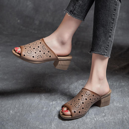 MLD-9921夏季新款粗高跟拖鞋女外穿复古鱼嘴鞋民族风凉拖鞋女 商品图1