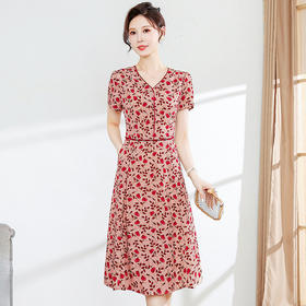 简约碎花中长款，时尚大码雪纺裙QYM-FL-C8839-L