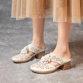 MLD-9917民族风粗高跟包头凉拖女夏牛皮镂空中年凉鞋舒适花朵拖鞋