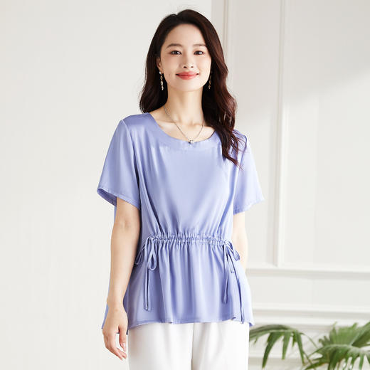 罗蒙夏季薄款圆领短袖T恤女士休闲百搭抽绳收腰个性休闲套头弹力T恤 商品图4