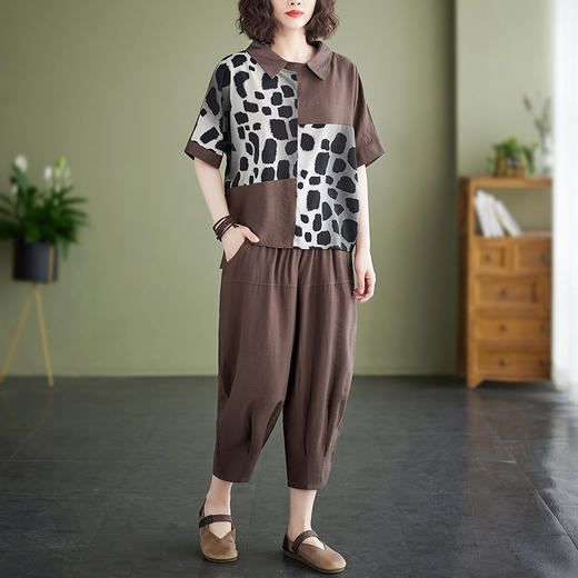 GYH 9676棉麻拼接宽松大码上衣+松紧腰阔腿裤两件套 商品图2