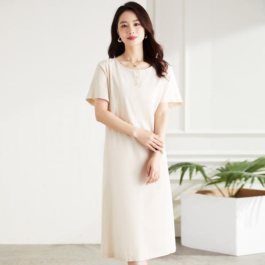 【多色可选】罗蒙夏季短袖连衣裙女士长款休闲百搭宽松收腰日常简约棉质裙子女 商品图3