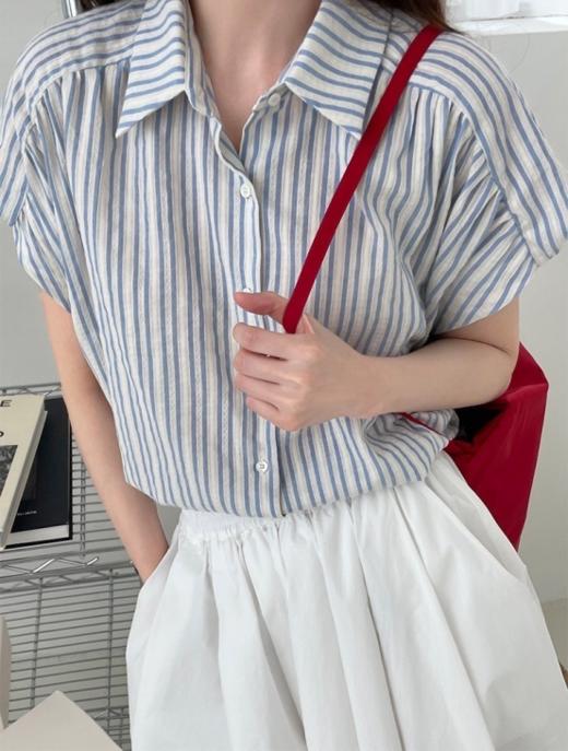 蓝白棉麻条纹衬衫，宽松版型，遮肉效果一绝！ 商品图2