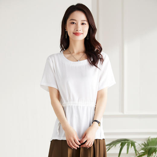 罗蒙夏季薄款圆领短袖T恤女士休闲百搭抽绳收腰个性休闲套头弹力T恤 商品图7