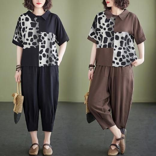 GYH 9676棉麻拼接宽松大码上衣+松紧腰阔腿裤两件套 商品图0