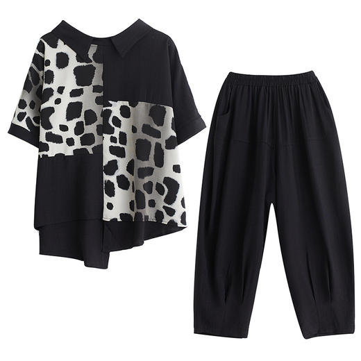 GYH 9676棉麻拼接宽松大码上衣+松紧腰阔腿裤两件套 商品图4