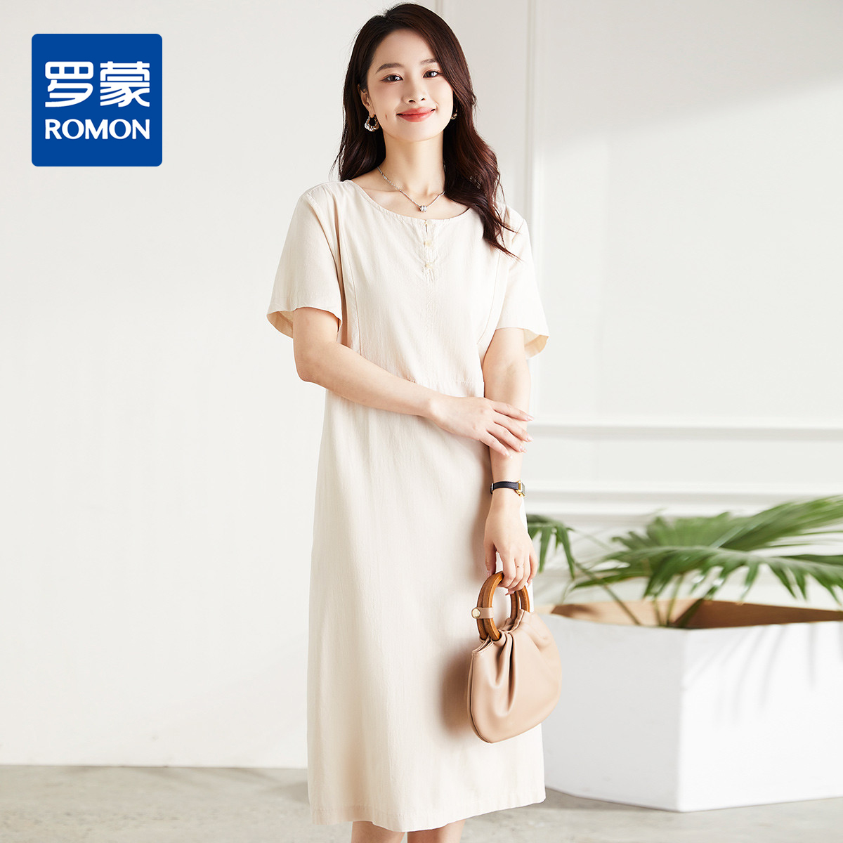 【多色可选】罗蒙夏季短袖连衣裙女士长款休闲百搭宽松收腰日常简约棉质裙子女