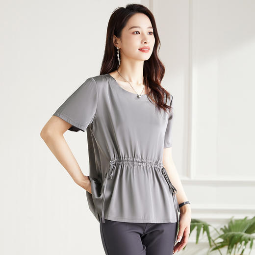 罗蒙夏季薄款圆领短袖T恤女士休闲百搭抽绳收腰个性休闲套头弹力T恤 商品图5
