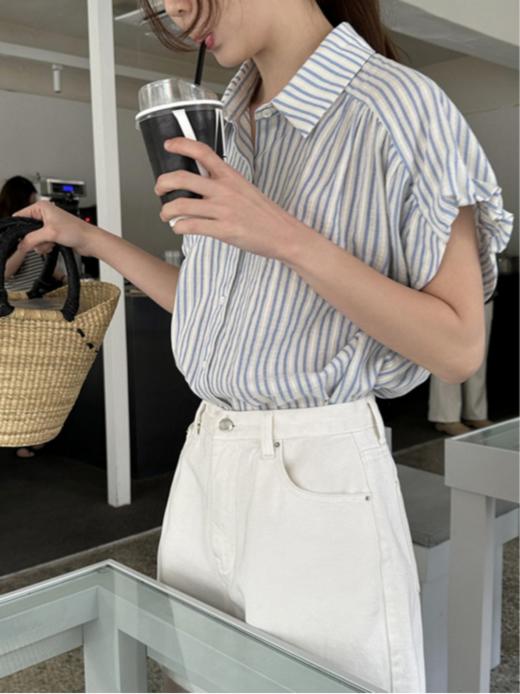 蓝白棉麻条纹衬衫，宽松版型，遮肉效果一绝！ 商品图0