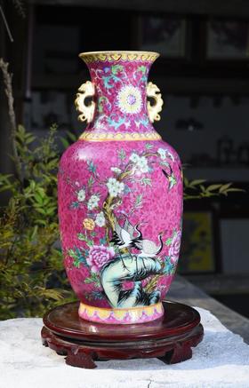 胭脂红扒花富贵长寿双耳瓶