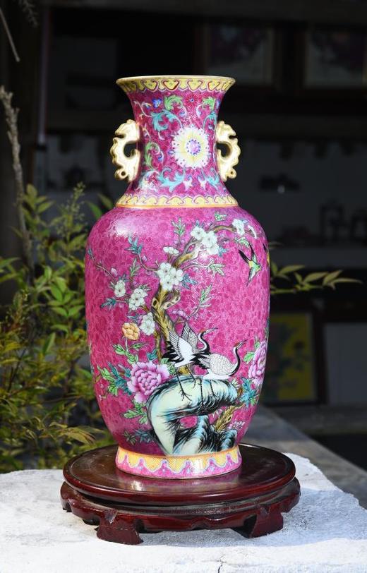 胭脂红扒花富贵长寿双耳瓶 商品图0