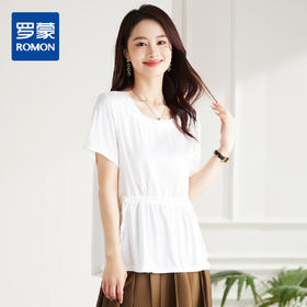 罗蒙夏季薄款圆领短袖T恤女士休闲百搭抽绳收腰个性休闲套头弹力T恤