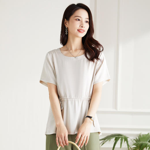 罗蒙夏季薄款圆领短袖T恤女士休闲百搭抽绳收腰个性休闲套头弹力T恤 商品图2