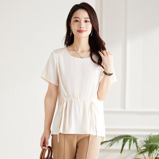 罗蒙夏季薄款圆领短袖T恤女士休闲百搭抽绳收腰个性休闲套头弹力T恤 商品图3
