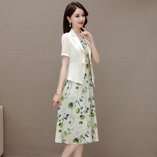 QYMXQD-11B2351-L2023年夏款印花简约中长款时尚雪纺连衣裙修身通勤短袖外披两件套 商品图2