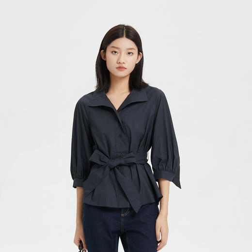 谜底收腰显瘦衬衫女2023夏新款合体七分袖翻领时尚上衣235MC6021 商品图0