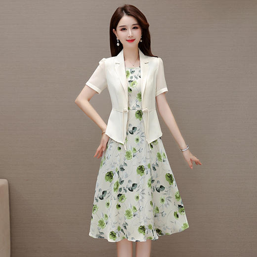 QYMXQD-11B2351-L2023年夏款印花简约中长款时尚雪纺连衣裙修身通勤短袖外披两件套 商品图0