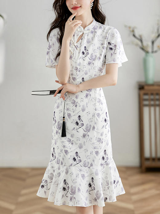 【专属特价】熙世界中国风水墨复古印花旗袍改良裙子女夏季新中式荷叶边连衣裙 商品图0