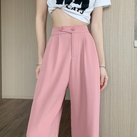 时尚女性必备，春夏新款双扣高腰垂感休闲西装裤，配以窄版阔腿设计，展现迷人曲线。轻盈薄款，自带气质，拖地薄款直筒裤子女，舒适透气，非常适合各种场合穿着！