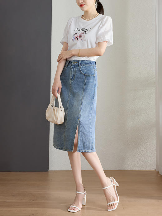 【五折购】熙世界开叉牛仔半身裙女中长款复古高腰显瘦包臀裙子2025夏装新款 商品图4