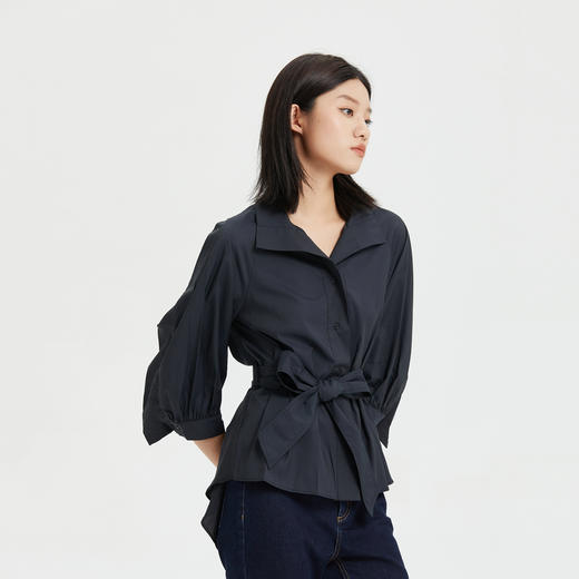 谜底收腰显瘦衬衫女2023夏新款合体七分袖翻领时尚上衣235MC6021 商品图1