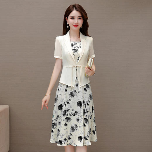 QYMXQD-11B2351-L2023年夏款印花简约中长款时尚雪纺连衣裙修身通勤短袖外披两件套 商品图1