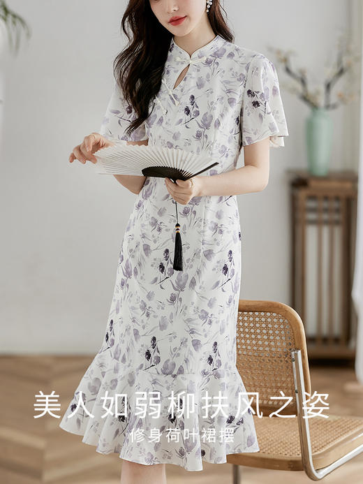 【专属特价】熙世界中国风水墨复古印花旗袍改良裙子女夏季新中式荷叶边连衣裙 商品图1