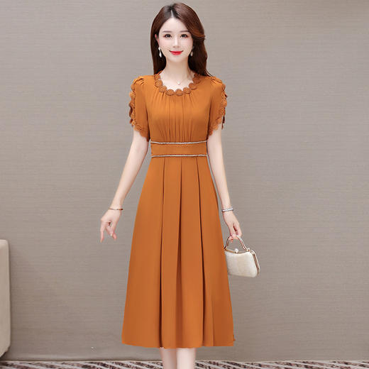 QYM-OMS-ZXA376-L简约中长款雪纺拼接时尚A字裙2023年夏款圆领短袖气质百褶连衣裙 商品图0