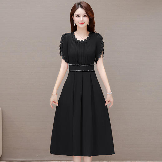 QYM-OMS-ZXA376-L简约中长款雪纺拼接时尚A字裙2023年夏款圆领短袖气质百褶连衣裙 商品图2