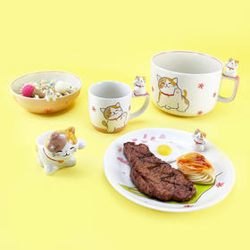 泰国进口儿童陶瓷餐具卡通立体招财猫水杯马克杯饭碗盘