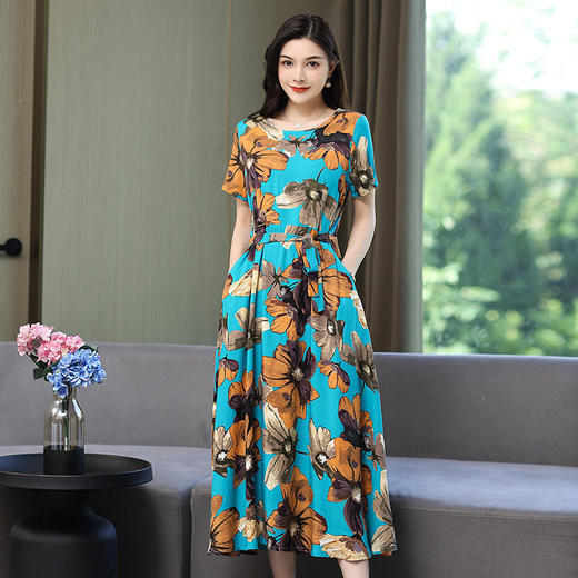 棉麻连衣裙夏天薄款大码女装甜美气质碎花棉绸长裙子HS-1818 商品图1