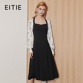 EITIE爱特爱灯笼袖拼接法式方领印花收腰显瘦黑色连衣裙秋新款C2307230
